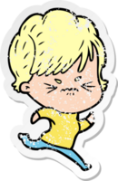 distressed sticker of a cartoon frustrated woman png
