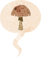 cartoon mushroom with speech bubble in grunge distressed retro textured style png