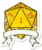 adesivo grunge de um rolo de dados natural de um d20 png