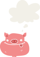 cartoon happy pig face with thought bubble in retro style png