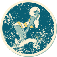 iconic distressed sticker tattoo style image of a pinup girl in swimming costume with banner png