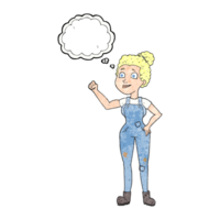 hand drawn thought bubble textured cartoon woman in dungarees png