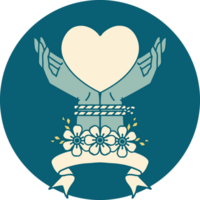 tattoo style icon with banner of tied hands and a heart png