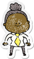 distressed sticker of a cartoon happy old woman png