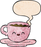 cartoon hot cup of coffee with speech bubble in retro texture style png