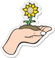 sticker of a cartoon flower growing in palm of hand png