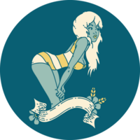 image emblématique de style tatouage d'une pin-up en maillot de bain avec bannière png