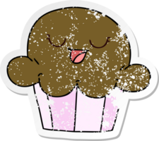 distressed sticker of a quirky hand drawn cartoon happy muffin png