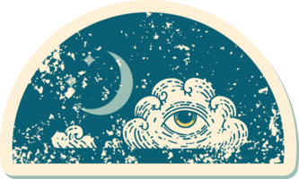 iconic distressed sticker tattoo style image of moon stars and cloud png