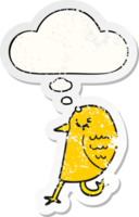 cartoon bird with thought bubble as a distressed worn sticker png