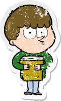 distressed sticker of a cartoon curious boy holding a book png