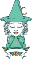 Retro Tattoo Style elf mage character with natural twenty dice roll png