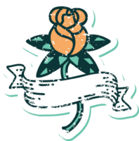 icónica imagen de estilo de tatuaje de pegatina angustiada de una rosa y una pancarta png
