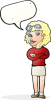 cartoon woman with crossed arms and safety goggles with speech bubble png