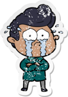 distressed sticker of a cartoon crying man with crossed arms png