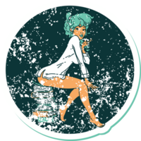 iconic distressed sticker tattoo style image of a pinup girl sitting on books png
