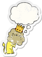 cartoon lion with crown with thought bubble as a distressed worn sticker png