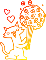 warm gradient line drawing of a cartoon cat in love with flowers png