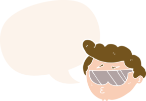 cartoon boy wearing sunglasses with speech bubble in retro style png