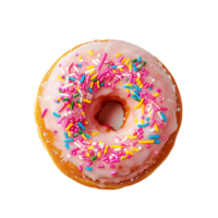 A pink donut with rainbow sprinkles on transparent background png