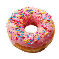 A pink donut with rainbow sprinkles on transparent background png