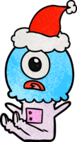 hand drawn textured cartoon of a cyclops alien spaceman wearing santa hat png