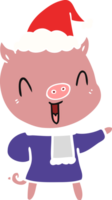 feliz mão desenhado plano cor ilustração do uma porco dentro inverno roupas vestindo santa chapéu png