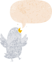 cartoon bird singing with speech bubble in grunge distressed retro textured style png