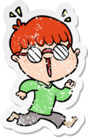 distressed sticker of a cartoon running boy wearing spectacles png