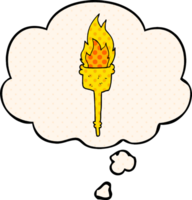 cartoon flaming torch with thought bubble in comic book style png