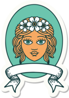 tattoo style sticker with banner of a maiden with crown of flowers png