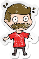 distressed sticker of a cartoon man with mustache shocked png