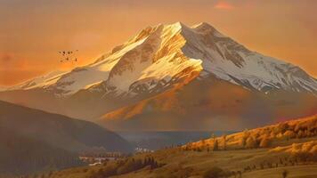 A breathtaking view of a snow-capped mountain illuminated by golden light, surrounded by lush greenery and a serene sky video
