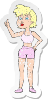 retro distressed sticker of a cartoon happy gym woman png