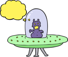 hand drawn thought bubble cartoon alien in flying saucer png