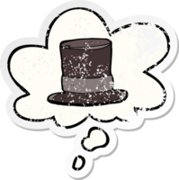 dibujos animados parte superior sombrero con pensamiento burbuja como un afligido desgastado pegatina png
