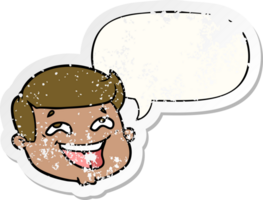 happy cartoon male face with speech bubble distressed distressed old sticker png