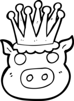 hand drawn black and white cartoon crowned pig png