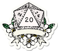 grunge sticker of a natural 20 critical hit D20 dice roll png