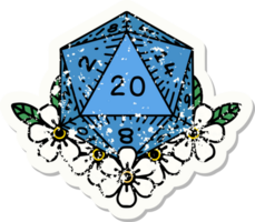 grunge sticker of a natural 20 D20 dice roll with floral elements png