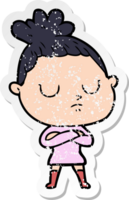 distressed sticker of a cartoon calm woman png