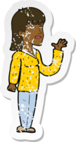 retro distressed sticker of a cartoon woman explaining png