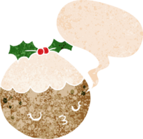 cute cartoon christmas pudding with speech bubble in grunge distressed retro textured style png