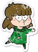 distressed sticker of a cartoon whistling girl png