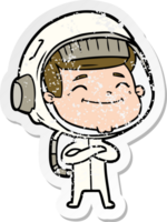 distressed sticker of a happy cartoon astronaut png