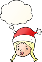 cartoon girl wearing christmas hat with thought bubble in smooth gradient style png