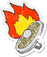 retro distressed sticker of a cartoon shield burning png