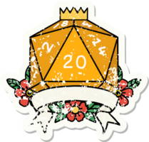 adesivo grunge de uma jogada de dados d20 de 20 acertos críticos naturais png