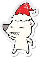 angry polar bear hand drawn distressed sticker cartoon of a wearing santa hat png