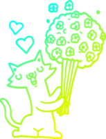 cold gradient line drawing of a cartoon cat in love with flowers png